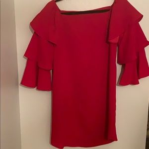 Red off the shoulder ruffle sleeve dress